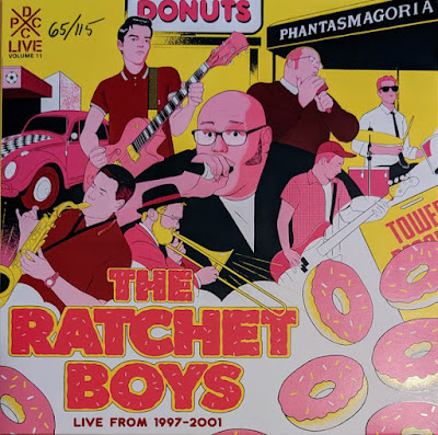 The cover features illustrations of the band singing and playing their instruments, as well as lots of donuts with sprinkles, a VW bug with a checkerboard stripe, and the front of the Phantasmagoria club.