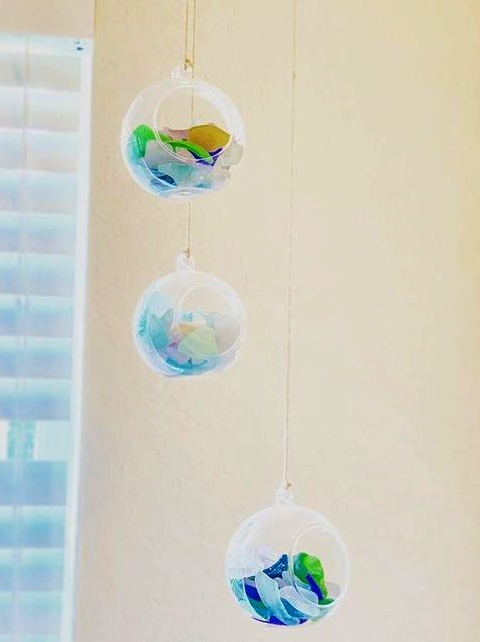 Seaglass Display Idea with Hanging Glass Globes