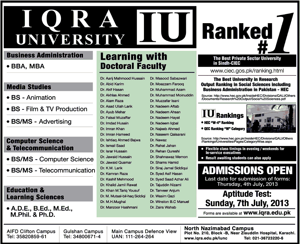 Iu Iqra University Admissions 2020 Merit List Result 2020