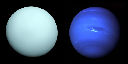 side-by-side enhanced color photographs of Uranus and Neptune captured by Voyager 2. Uranus spots a pale blue-green shade while Neptune appears Prussian.