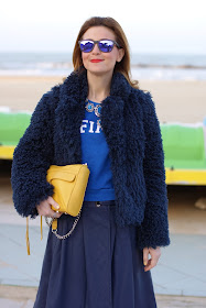 Blue faux fur jacket, yellow Rebecca Minkoff M.A.C. clutch, Fashion and Cookies, fashion blogger