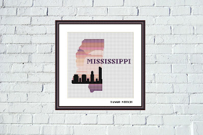 Mississippi sunset skyline map silhouette cross stitch pattern - Tango Stitch