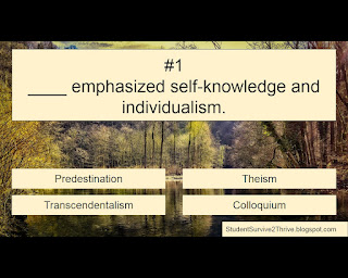 ____ emphasized self-knowledge and individualism. Answer choices include: Predestination, Theism, Transcendentalism, Colloquium