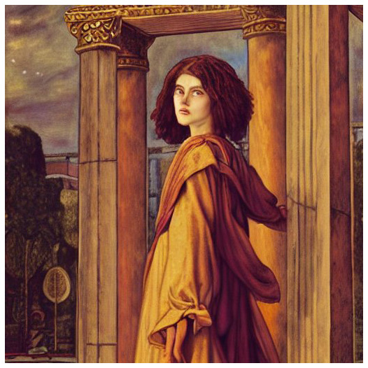 L'immagine AI ricostruisce l'atrio del palazzo di Priamo in cui Cassandra profetizza la fine di Troia senza essere creduta. Per la sua elaborazione mi sono ispirata alle donne di Dante Gabriel Rossetti.