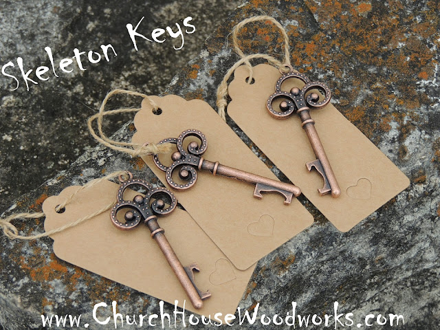 Antique Copper Skeleton Key Bottle Opener with Tags with Heart Shaped Punch-Outs for Rustic Weddings and Party Favors