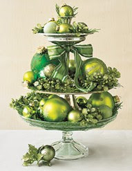 green ornaments stacked cake plates Christmas table
