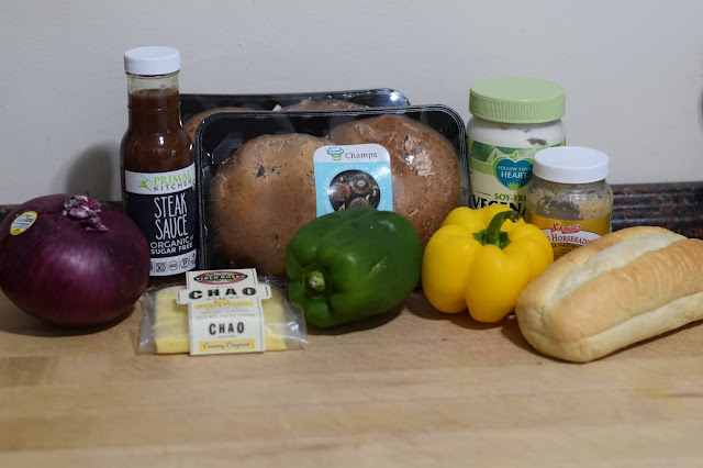 The ingredients needed to make the mushroom philly sandwich.