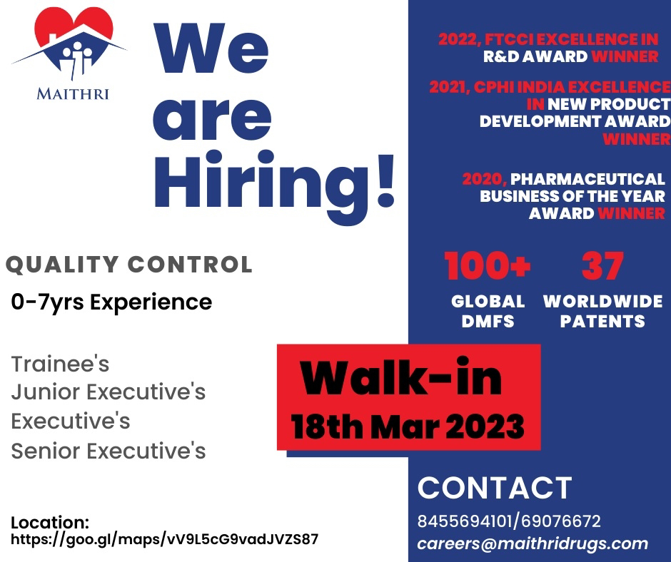 Job Availables, Maithri Drugs Pvt Ltd Walk In Interview For Fesher/ Experienced Candidates In Production Department