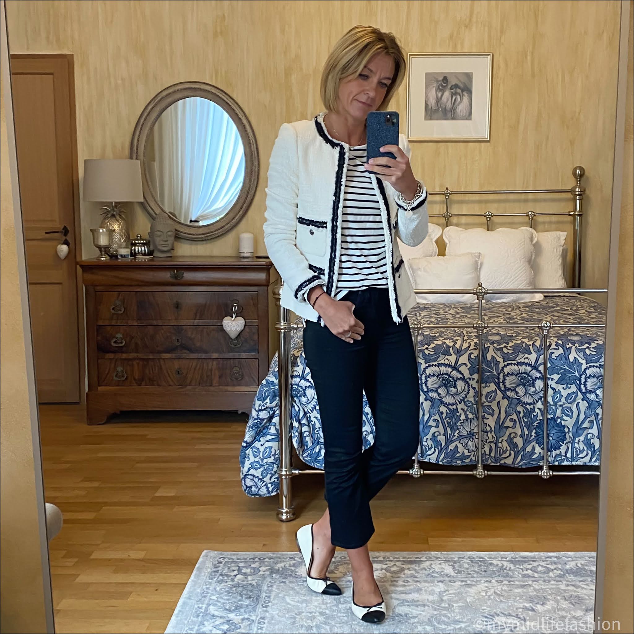 my midlife fashion, l k Bennett Charlee tailored jacket, boden breton, j crew two tone ballet pumps, j crew cropped kick flare jeans