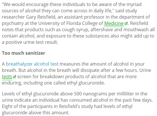 False Positive UA Tests for alcohol