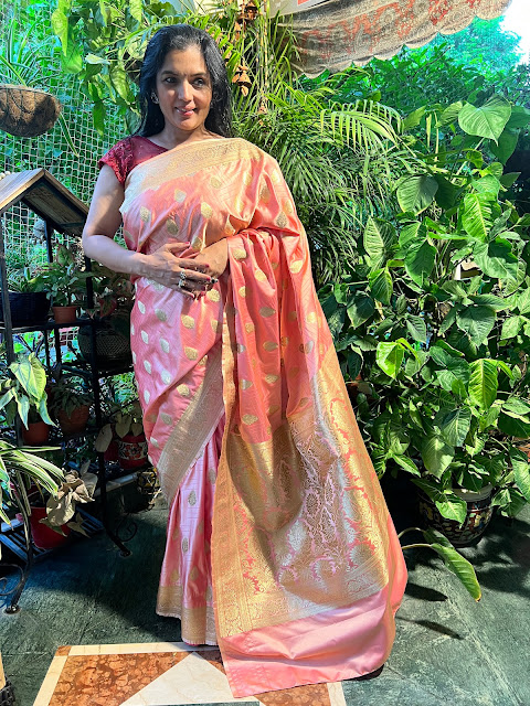 Peachish pink mushroo silk saree