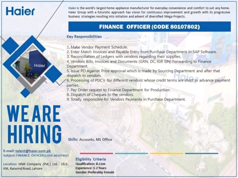 Haier Pakistan Jobs For Finance Officer
