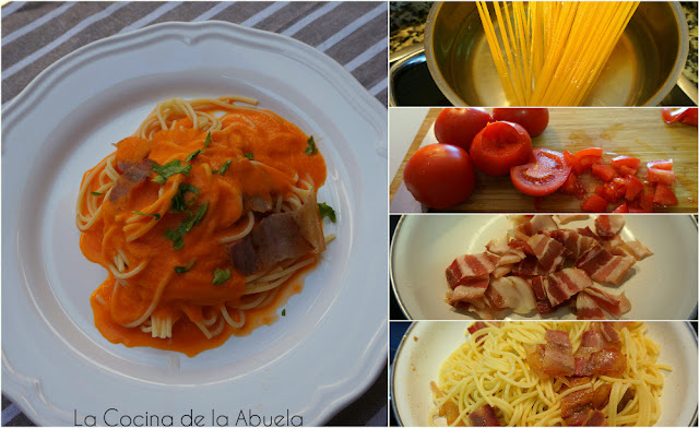Espaguetis panceta salsa de tomate casera ingredientes receta pasos