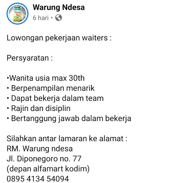 Lowongan Kerja Waiters Restoran Warung Ndesa Rembang Tanpa Syarat Pendidikan