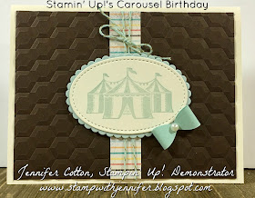 This card uses Stampin' Up!'s Carousel Birthday stamp set.  It also uses: Cupcakes & Carousels Designer Paper, Cupcakes & Carousels Embellishment Kit, Hexagon Dynamic Embossing Folder, Layering Ovals Framelits, and Peals!!  #staminup #stamptherapist www.stampwithjennifer.blogspot.com