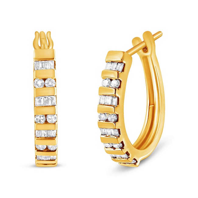 10K Gold Round and Baguette-Cut Diamond Hoop Earrings