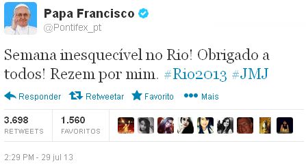 Tweet do Papa Francisco