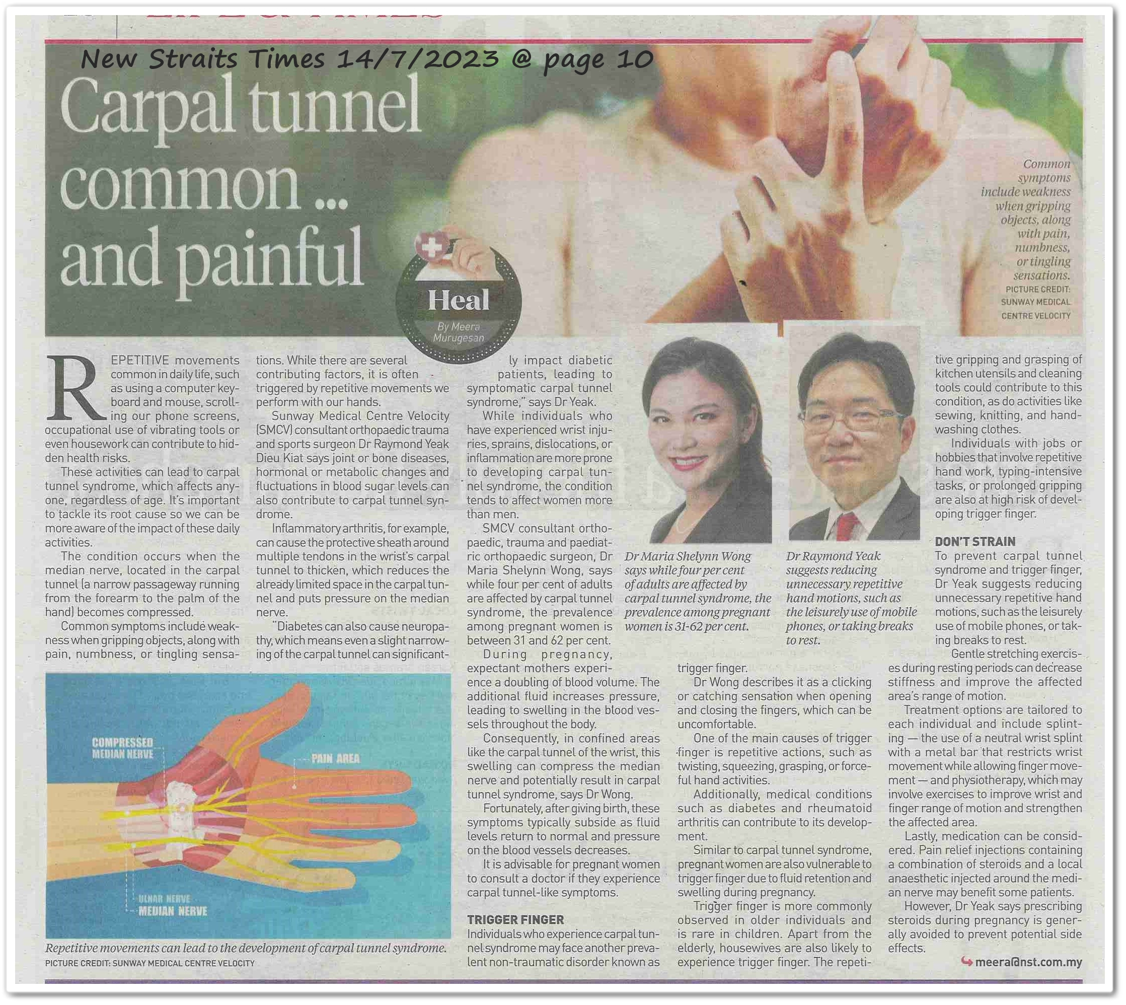 Carpal tunnel common ... and painful - Keratan akhbar New Straits Times 14 July 2023