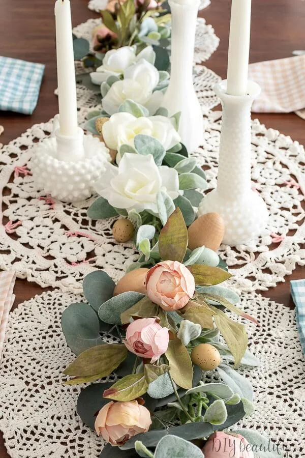 vintage doilies, blush florals and milk glass