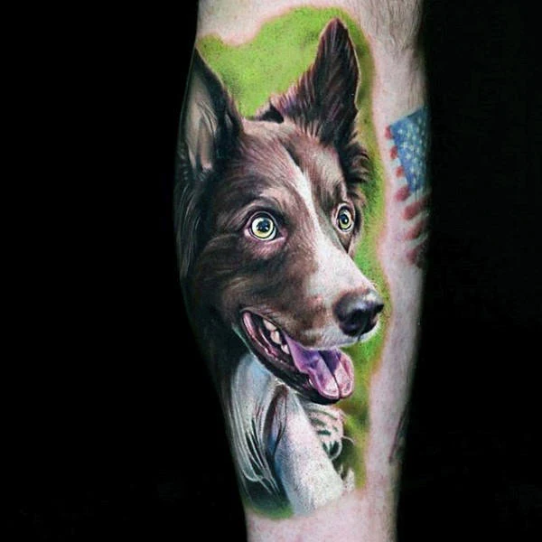 Foto de un tatuaje de collie con una mirada viva y simpática