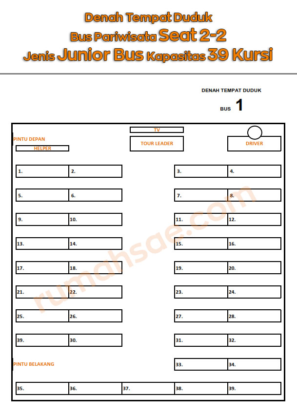 Denah Tempat Duduk Bus Pariwisata Jenis Junior Seat 2-2 Kapasitas 39 dan 41