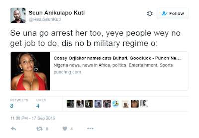 See Seun Kuti's reaction to Cossy Orjiakor naming her cats Buhari and Goodluck