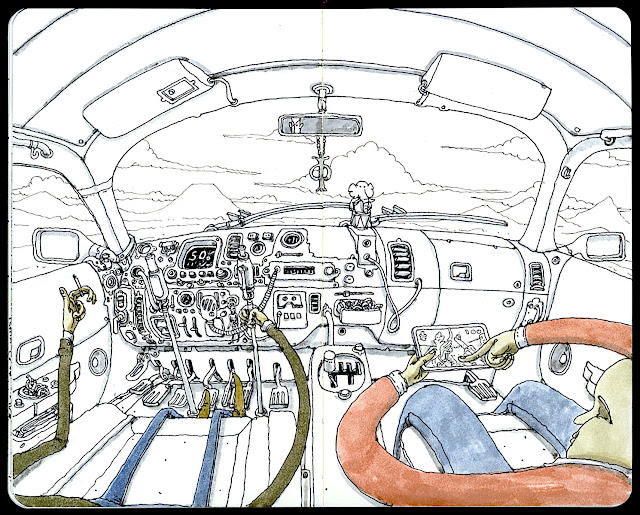 a Mattias Adolfsson drawing of people driving a vehicle