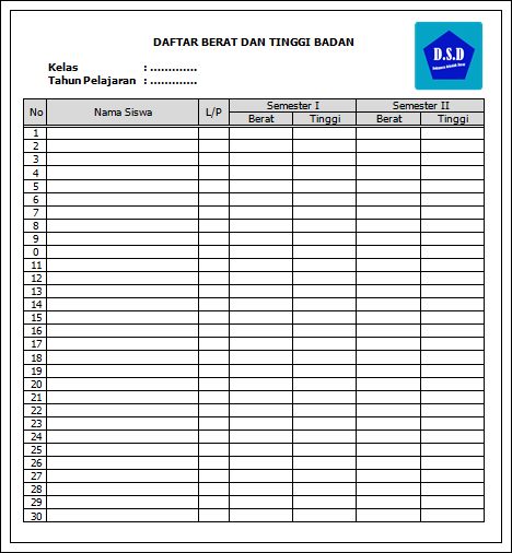 Format Daftar Tinggi dan Berat Badan Siswa