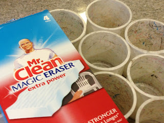 Mr. clean Magic erasers magically erase all the crayons and pencil marks from your classroom containers.