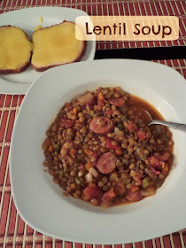 Lentil Soup:  A bold and spicy soup with hot Portuguese sausage and healthy lentils.