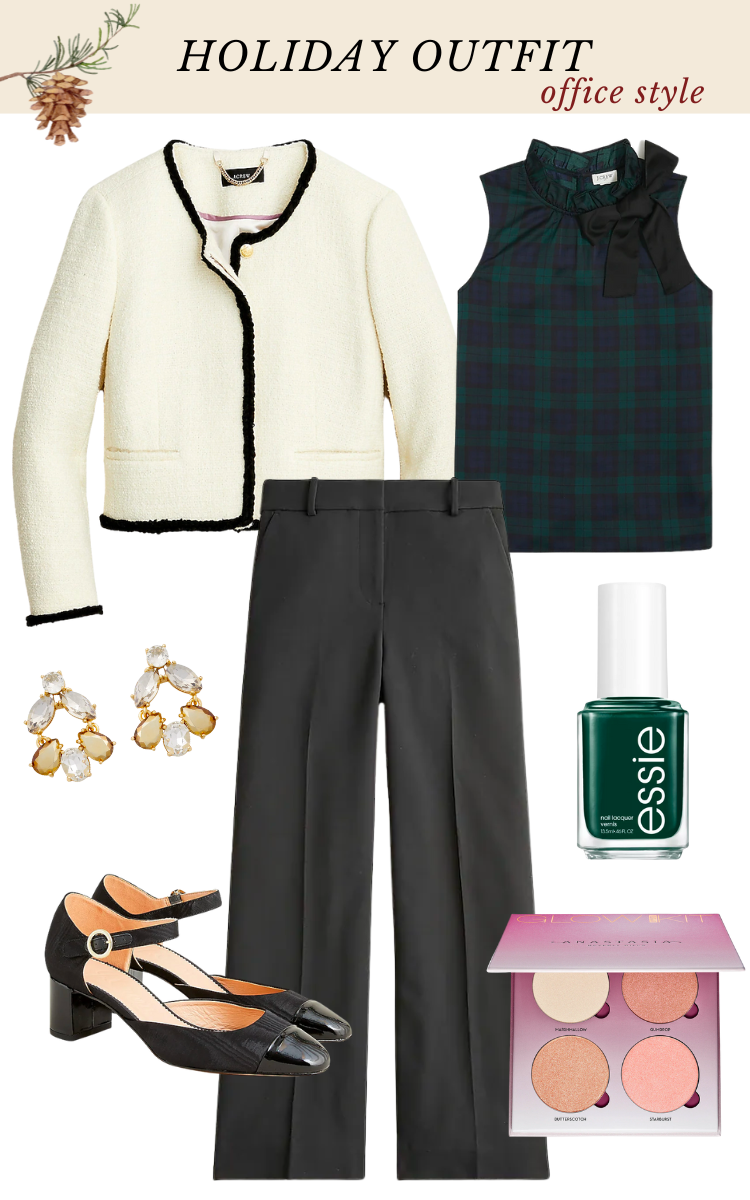 holiday outfit for office party with wide leg trousers and cropped jacket with tartan blouse and block heels