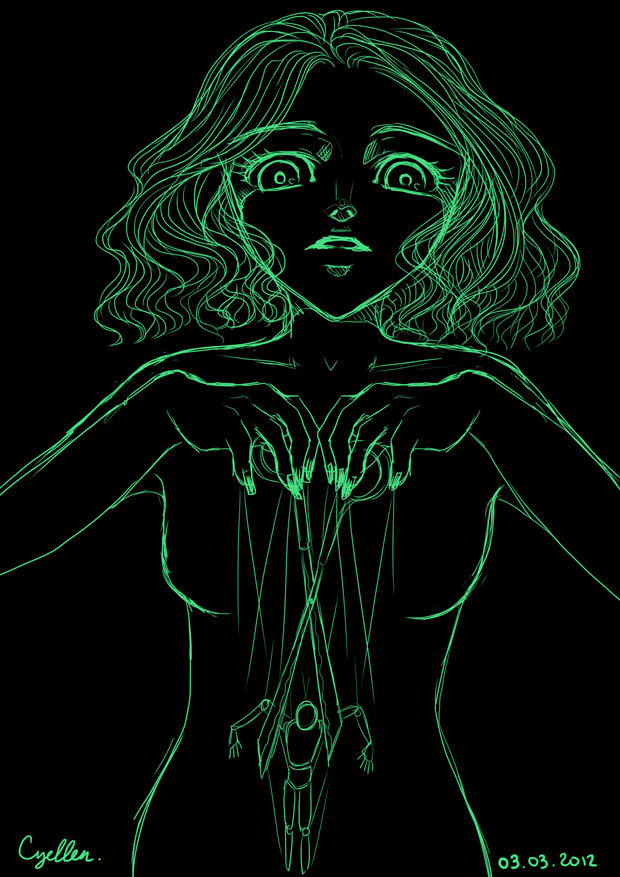 Dessin vert sur fond noir représentant une femme jouant à la marionnette avec des ciseaux