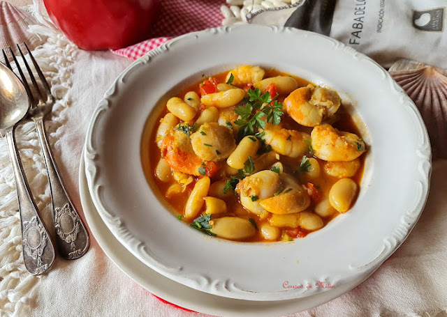 Fabas de Lourenzá, con vieiras y langostinos