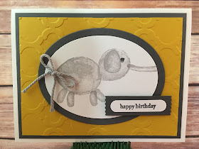 This cute Crushed Curry and Basic Gray Elephant Card could be Birthday, Baby, and more!  It uses Stampin' Up!'s Balloon Builders stamp set.  The greeting is Teeny Tiny wishes.  And, it also uses the Ovals Framelits, Washi Label Punch, Word Window Punch, Thick Smoky Slate Bakers Twine, and the Modern Mosaic Embossing Folder.  www.stampwithjennifer.blogspot.com