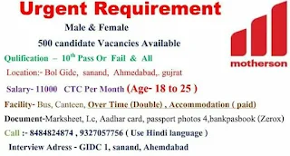 Urgent Requirement Motherson Sanand, Gujarat Vacancy For 10th Pass Fail All