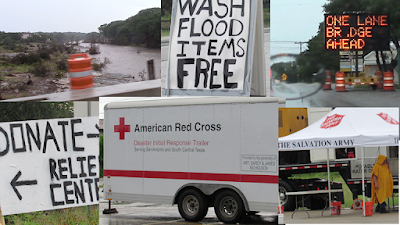 Pictures of flood relief efforts, inclduing Red Cross, Salvation Army, and Texan Car Wash