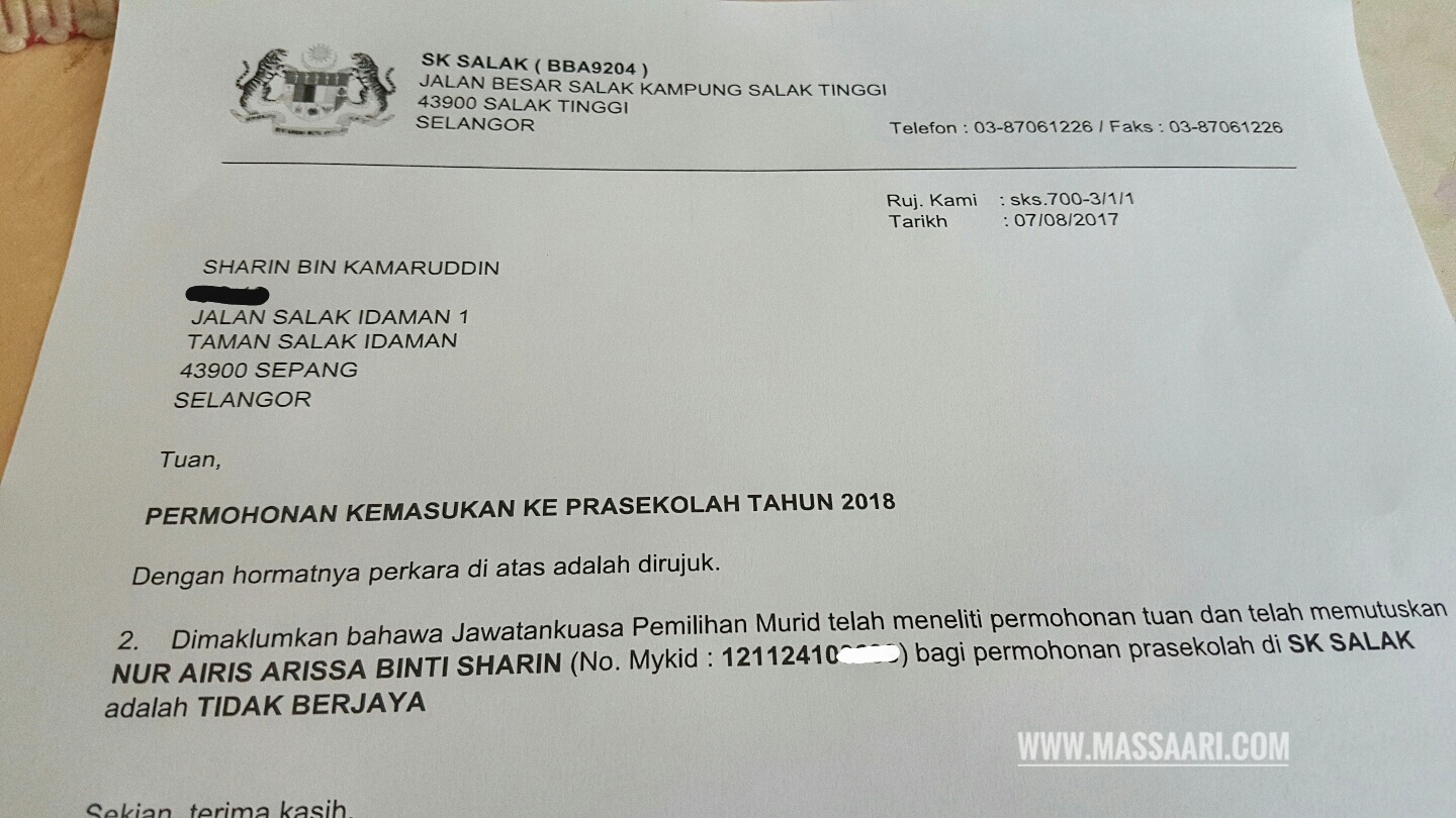 Permohonan Contoh Surat Rayuan Kemasukan Pra Sekolah