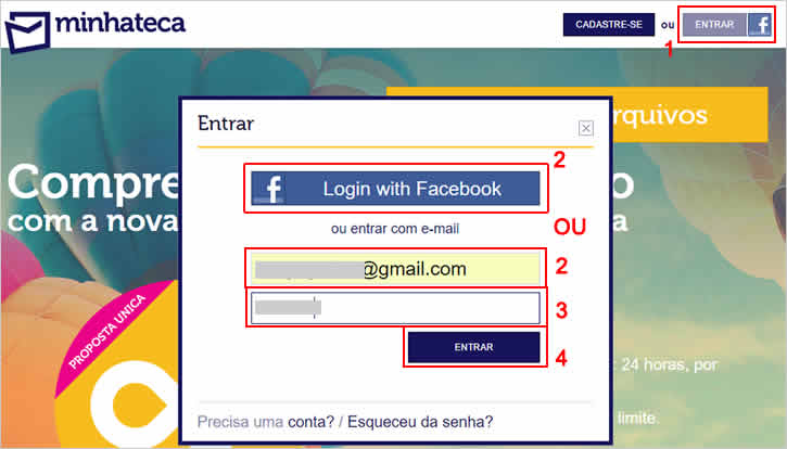 Fazendo login em conta Minhateca para excluir