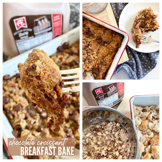 Collage of chocolate croissant breakfast bake photos with AE Dairy gallon of chocolate milk in the background.