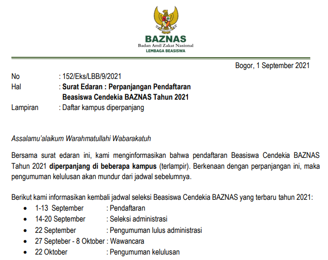 Jadwal Pendaftaran dan Seleksi Beasiswa Lembaga Beasiswa BAZNAS hingga tanggal 13 September 2021