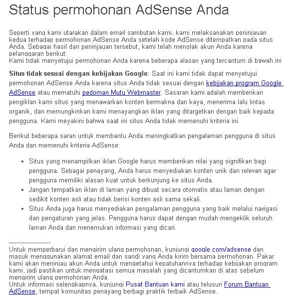 alasan kenapa ditolak adsense