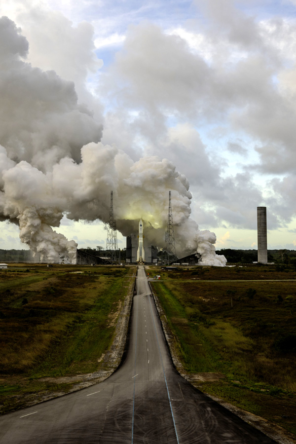 A test model of the European Space Agency's new Ariane 6 rocket successfully conducted a 7-minute-long hot fire at Europe's Spaceport in Kourou, French Guiana...on November 23, 2023.