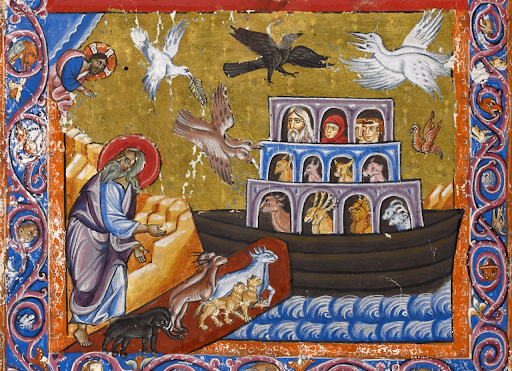 ID: image shows an illuminated manuscript of Noah and the ark. It appears that God is ushering the animals in while Jesus watches over the scene.