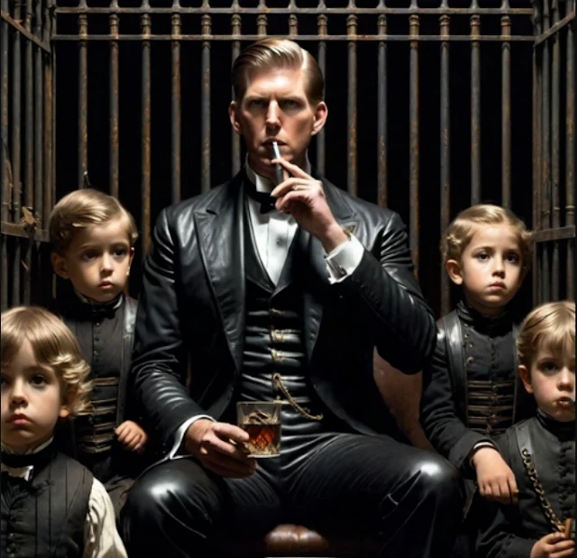 Eric Trump sitting in a jail cell smoking in a leather suit