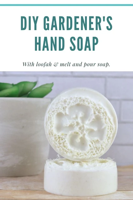 How to make DIY gardener's soap with melt and pour soap. This has additives like ground almonds, peppermint, lemon, and tea tree essential oils, and clay to exfoliate and scrub away dirt. There's a loofah embeds to naturally clean hands. This natural hand scrub bar soap recipe makes a great gift ideas for country living. Handmade soap tutorials and techniques even for beginners. #soap #gardenerssoap #meltandpour #loofah