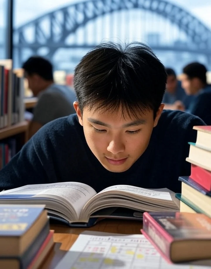 A young person with dark hair is intently reading an open book at a table. Several other books are stacked around the open one, and papers with writing are visible on the table. In the blurred background, other individuals are seated at tables near bookshelves and a large arched window. The setting appears to be a library or study area. Based on their features, the young person may be of East Asian descent.