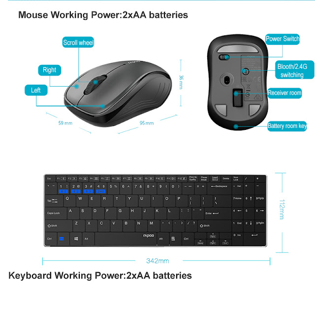 Rapoo 9060M Multi-Mode Silent Wireless Keyboard Mouse Combos Bluetooth 2.4G Switch Between 3 Devices 