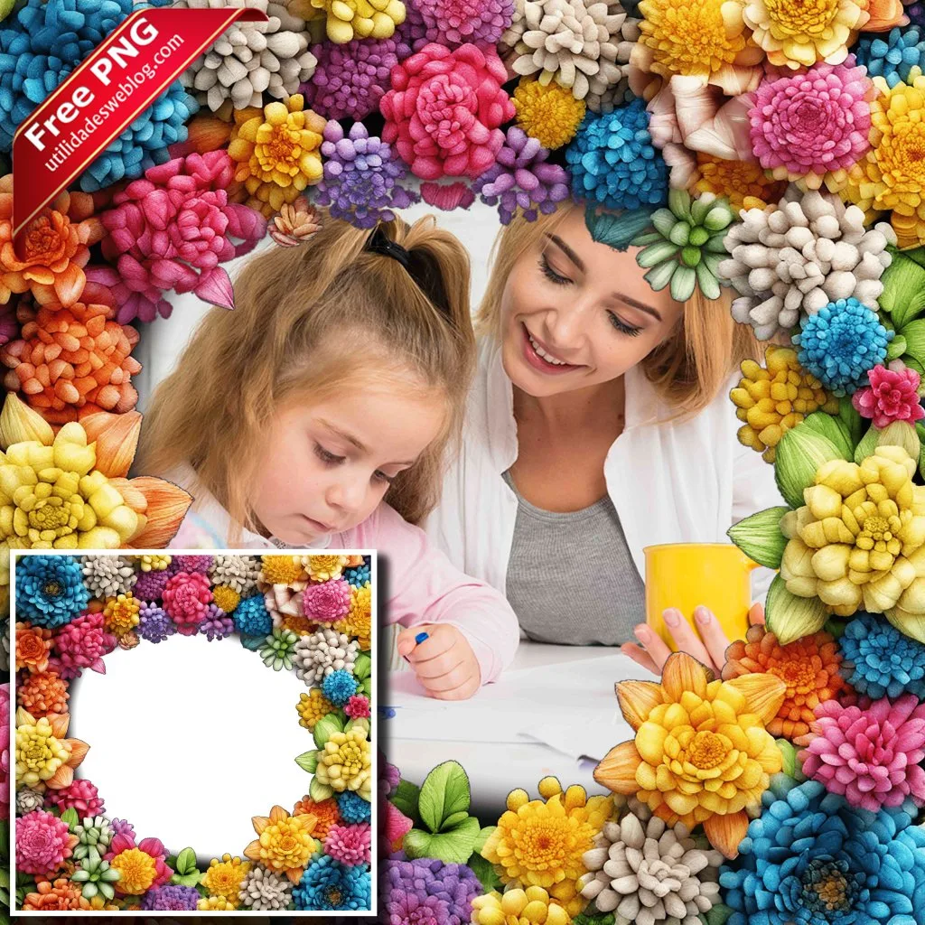 marco para fotos con coloridas flores de crayola o crayon en png con fondo transparente para descargar gratis