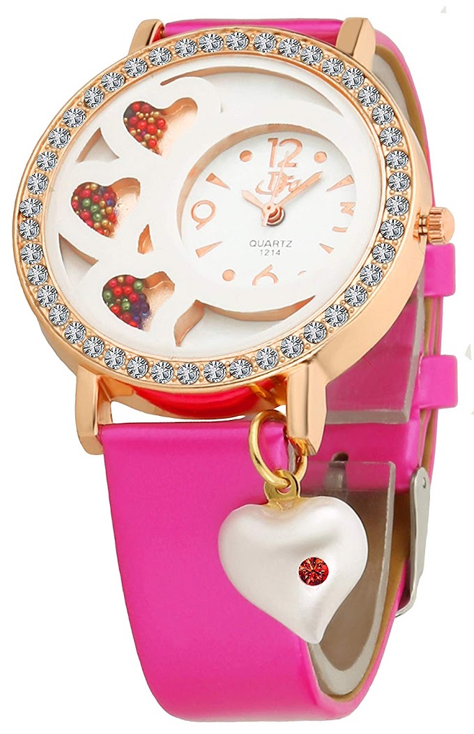 DFa Rose Gold White Heart Dial, Heart Dangle Pink Leather Strap Analogue Watch for Girls