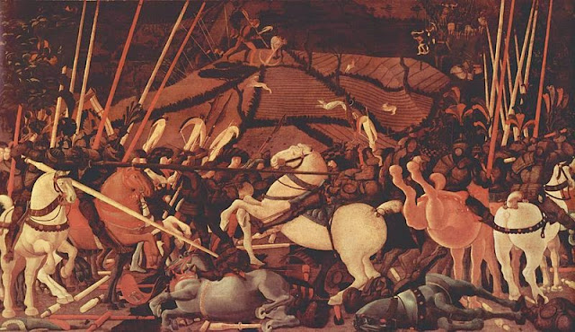 Paolo Ucello : La défaite du camp siennois illustrée par la mise hors de combat de Bernardino della Ciarda, (~1456)